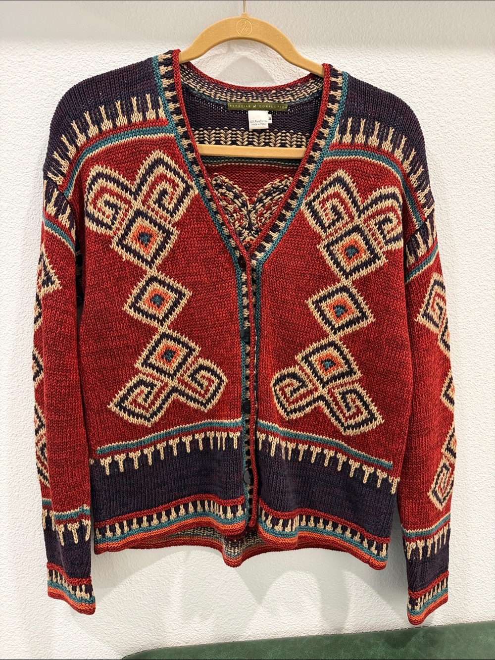 Peruvian Connection Red Multicolor Geometric V‑Neck Cardigan